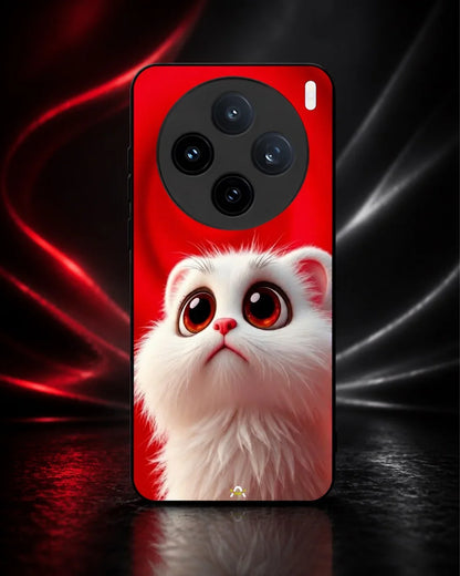 Fluffy White Cat Phone Case - Cute Red Background Print for iPhone, Samsung, Pixel, OnePlus & Vivo