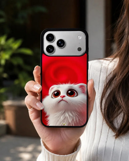 Fluffy White Cat Phone Case - Cute Red Background Print for iPhone, Samsung, Pixel, OnePlus & Vivo