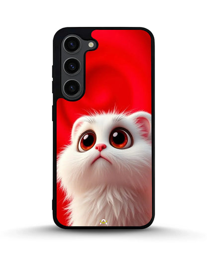 Fluffy White Cat Phone Case - Cute Red Background Print for iPhone, Samsung, Pixel, OnePlus & Vivo