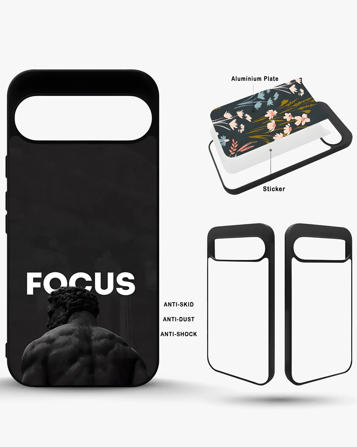 Focus Statue Phone Case - Bold Black Motivational Print for iPhone, Samsung, Pixel, OnePlus & Vivo
