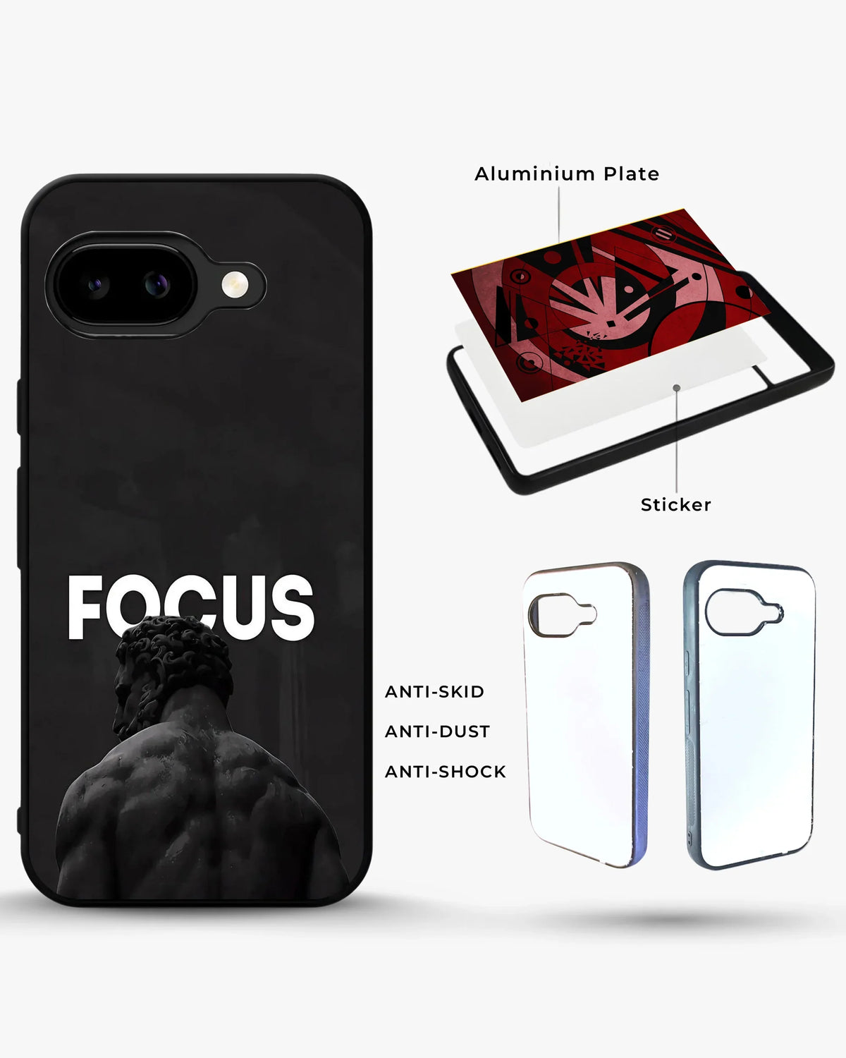 Focus Statue Phone Case - Bold Black Motivational Print for iPhone, Samsung, Pixel, OnePlus & Vivo