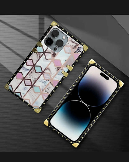 Geometric Marble Square Case – iPhone 13/14 Series – White/Gold – Luxury Bumper Cover with Gold Studded Frame for Women & Girls