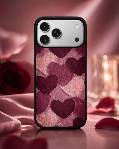 Hearts Pattern Phone Case - Textured Burgundy & Pink Print for iPhone, Samsung, Pixel, OnePlus & Vivo