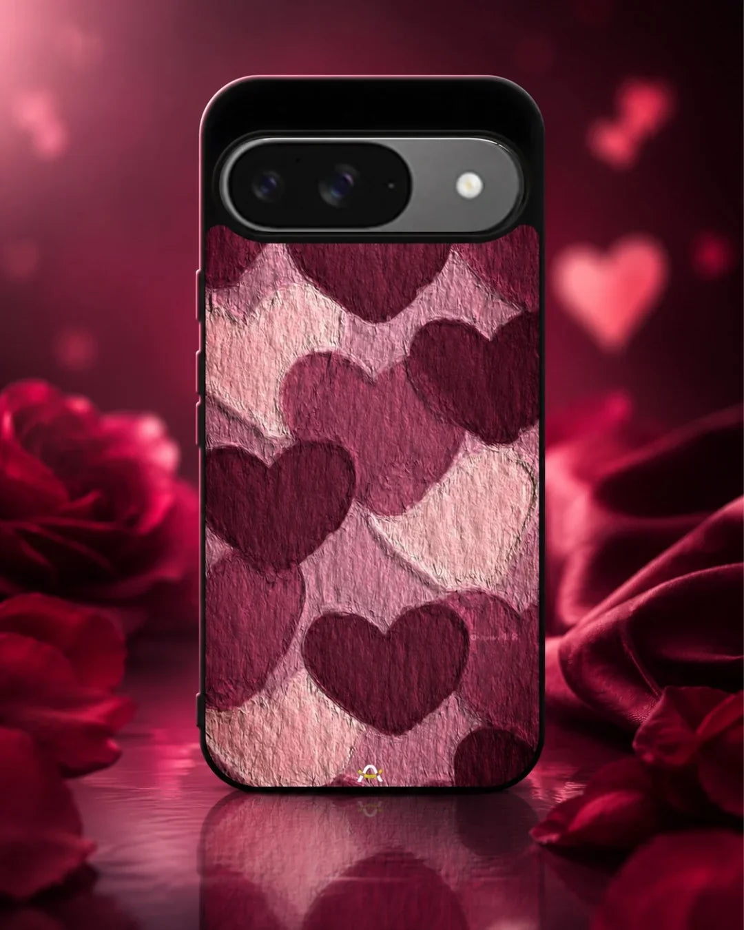 Hearts Pattern Phone Case - Textured Burgundy & Pink Print for iPhone, Samsung, Pixel, OnePlus & Vivo