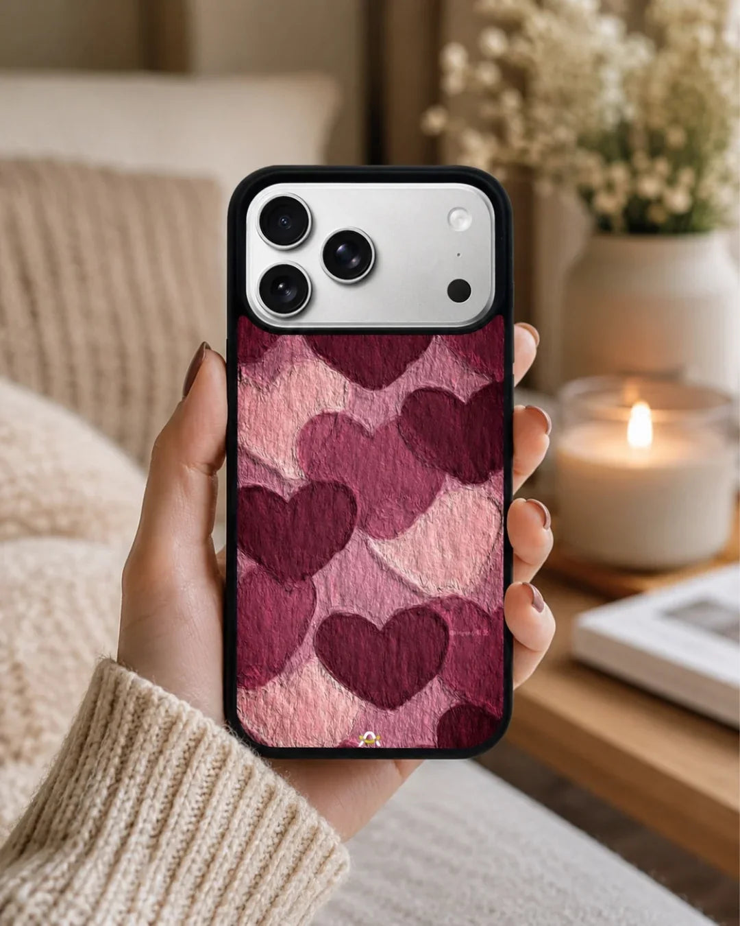 Hearts Pattern Phone Case - Textured Burgundy & Pink Print for iPhone, Samsung, Pixel, OnePlus & Vivo