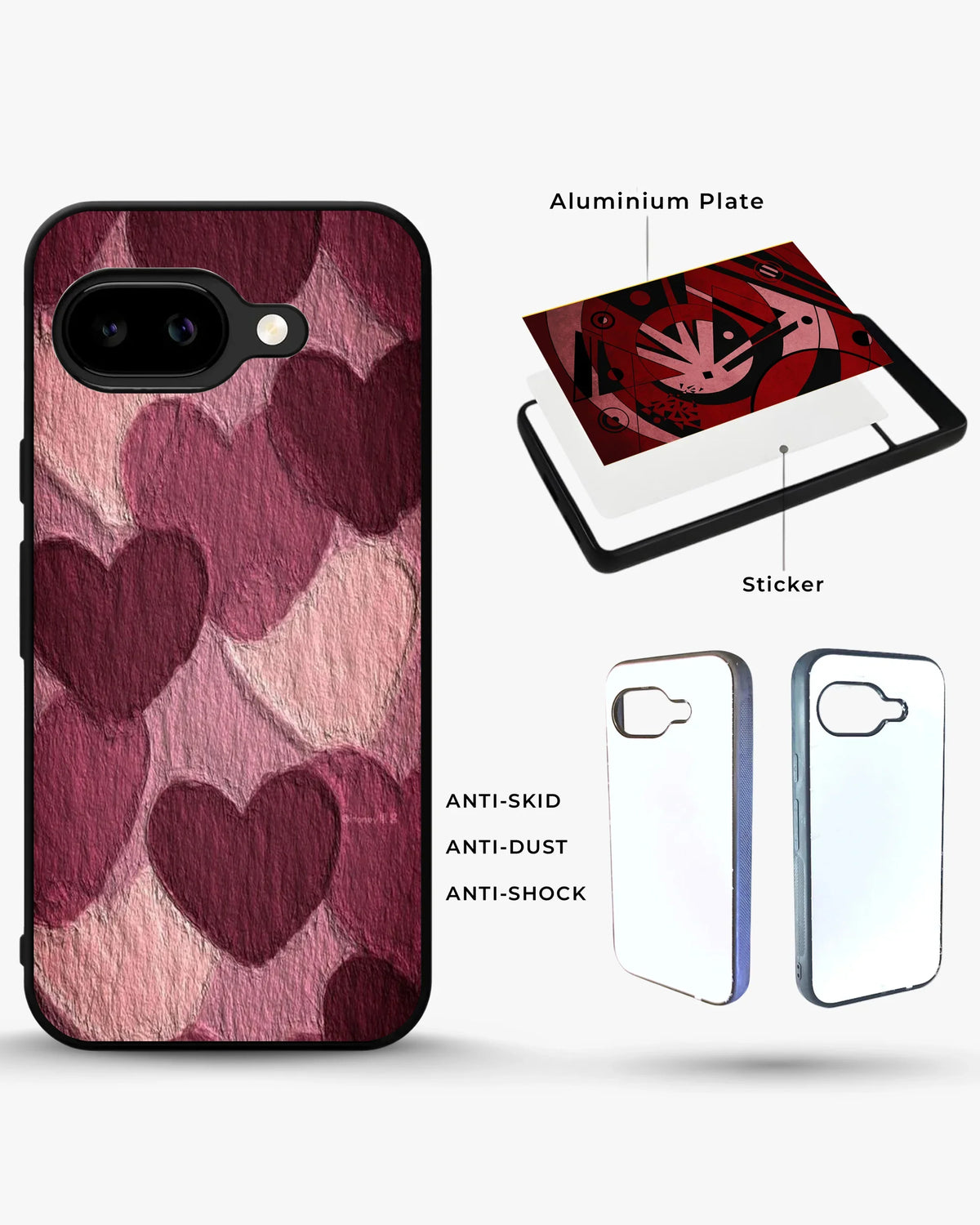 Hearts Pattern Phone Case - Textured Burgundy & Pink Print for iPhone, Samsung, Pixel, OnePlus & Vivo