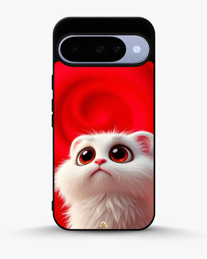 Cute White Kitten Phone Case - Fluffy Kitten Print on Red Backdrop for iPhone, Samsung, Pixel, OnePlus & Vivo
