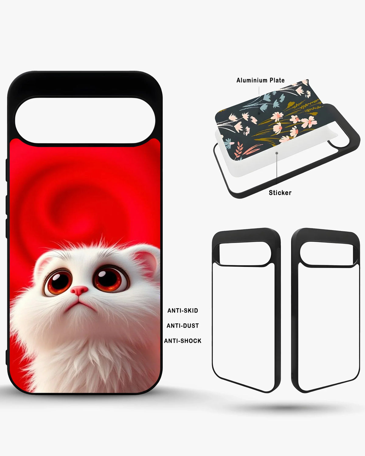 Cute White Kitten Phone Case - Fluffy Kitten Print on Red Backdrop for iPhone, Samsung, Pixel, OnePlus & Vivo