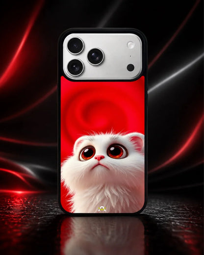 Cute White Kitten Phone Case - Fluffy Kitten Print on Red Backdrop for iPhone, Samsung, Pixel, OnePlus & Vivo