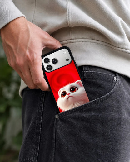 Cute White Kitten Phone Case - Fluffy Kitten Print on Red Backdrop for iPhone, Samsung, Pixel, OnePlus & Vivo