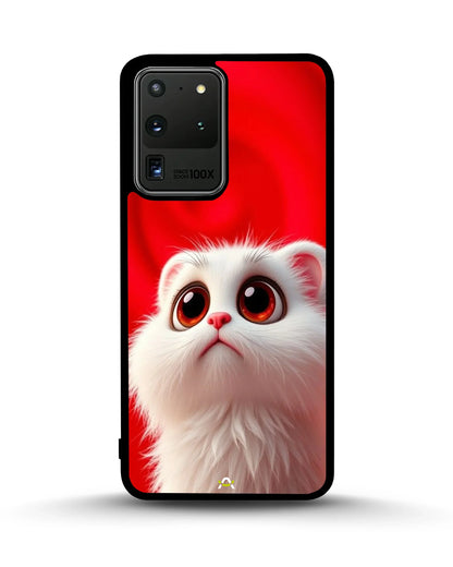 Cute White Kitten Phone Case - Fluffy Kitten Print on Red Backdrop for iPhone, Samsung, Pixel, OnePlus & Vivo