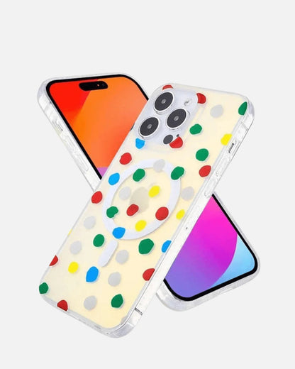 MagSafe Case – iPhone 13/14/15/16E Series – Colorful Polka Dot Holographic Glitter – Shockproof Cover for Women & Girls