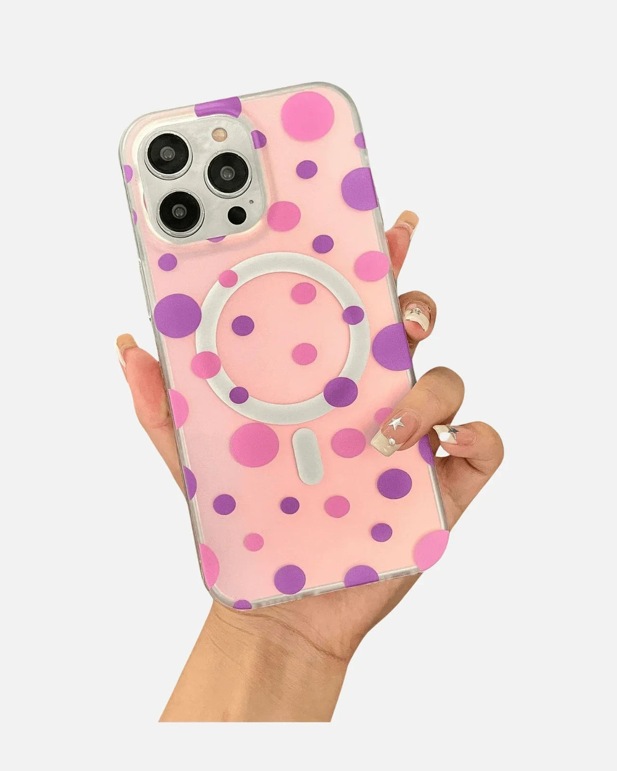 MagSafe Case – iPhone 13/14/15/16E Series – Purple – Colorful Polka Dot Holographic Glitter Shockproof Cover for Women & Girls