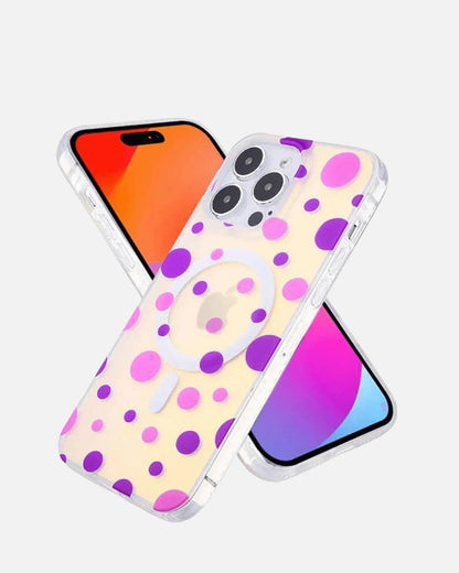 MagSafe Case – iPhone 13/14/15/16E Series – Purple – Colorful Polka Dot Holographic Glitter Shockproof Cover for Women & Girls
