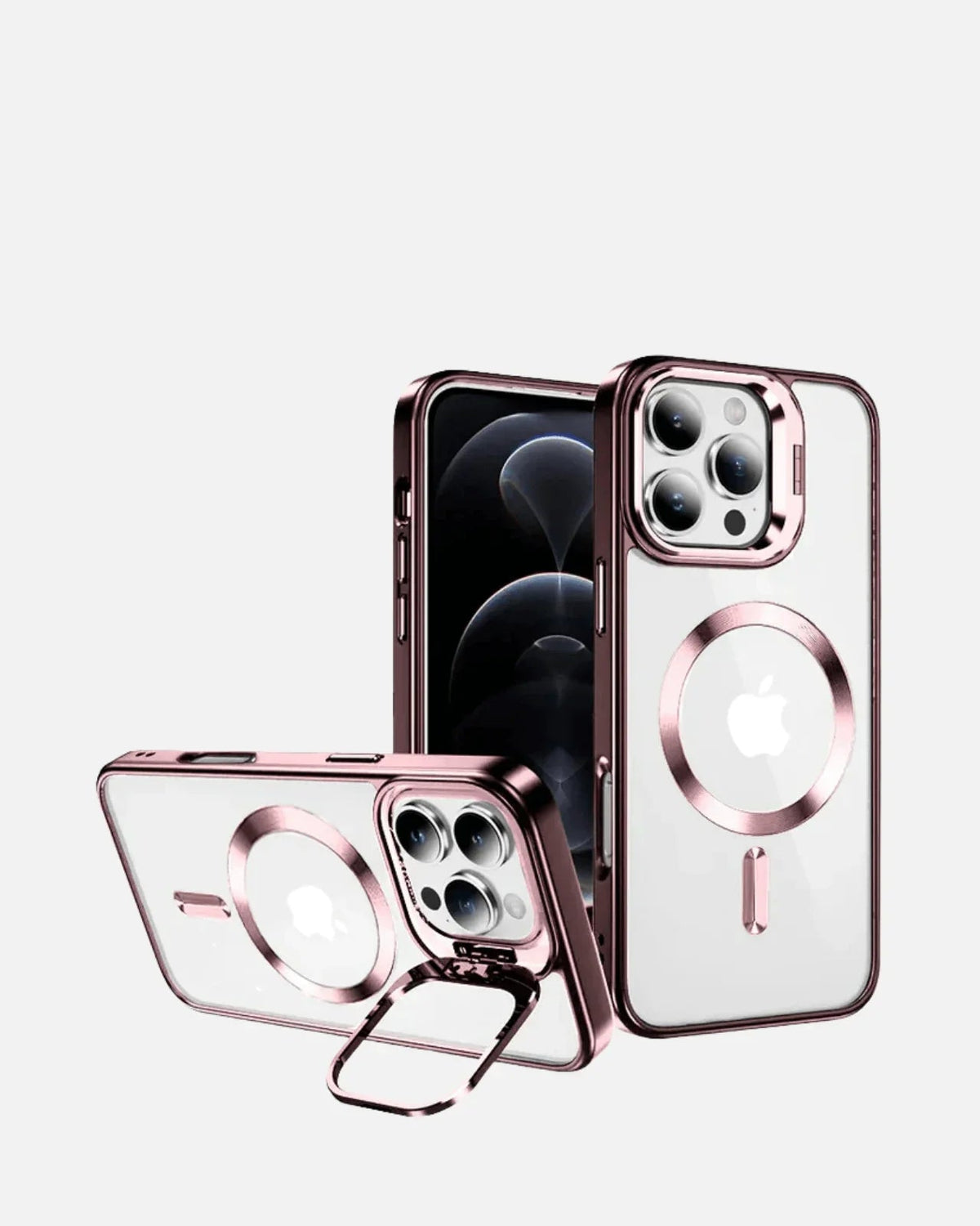MagSafe Metallic Ring Stand Case – iPhone 16 Pro Max – Black / Rose Gold – Clear Shockproof Cover with Kickstand