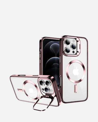 MagSafe Metallic Ring Stand Case – iPhone 16 Pro Max – Black / Rose Gold – Clear Shockproof Cover with Kickstand