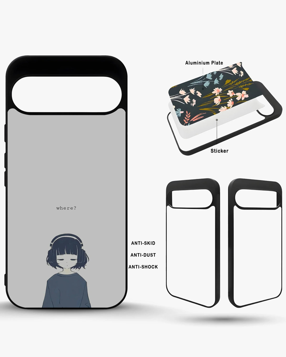 Navy Headphones Girl Phone Case - Calm Navy & Gray Art Print for iPhone, Samsung, Pixel, OnePlus & Vivo