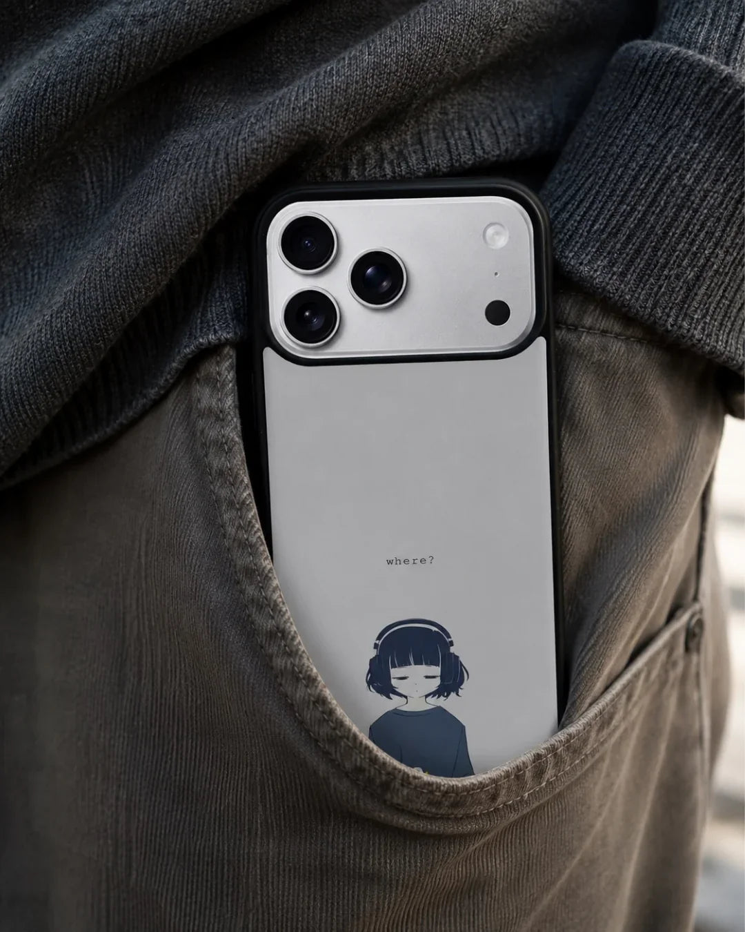 Navy Headphones Girl Phone Case - Calm Navy & Gray Art Print for iPhone, Samsung, Pixel, OnePlus & Vivo
