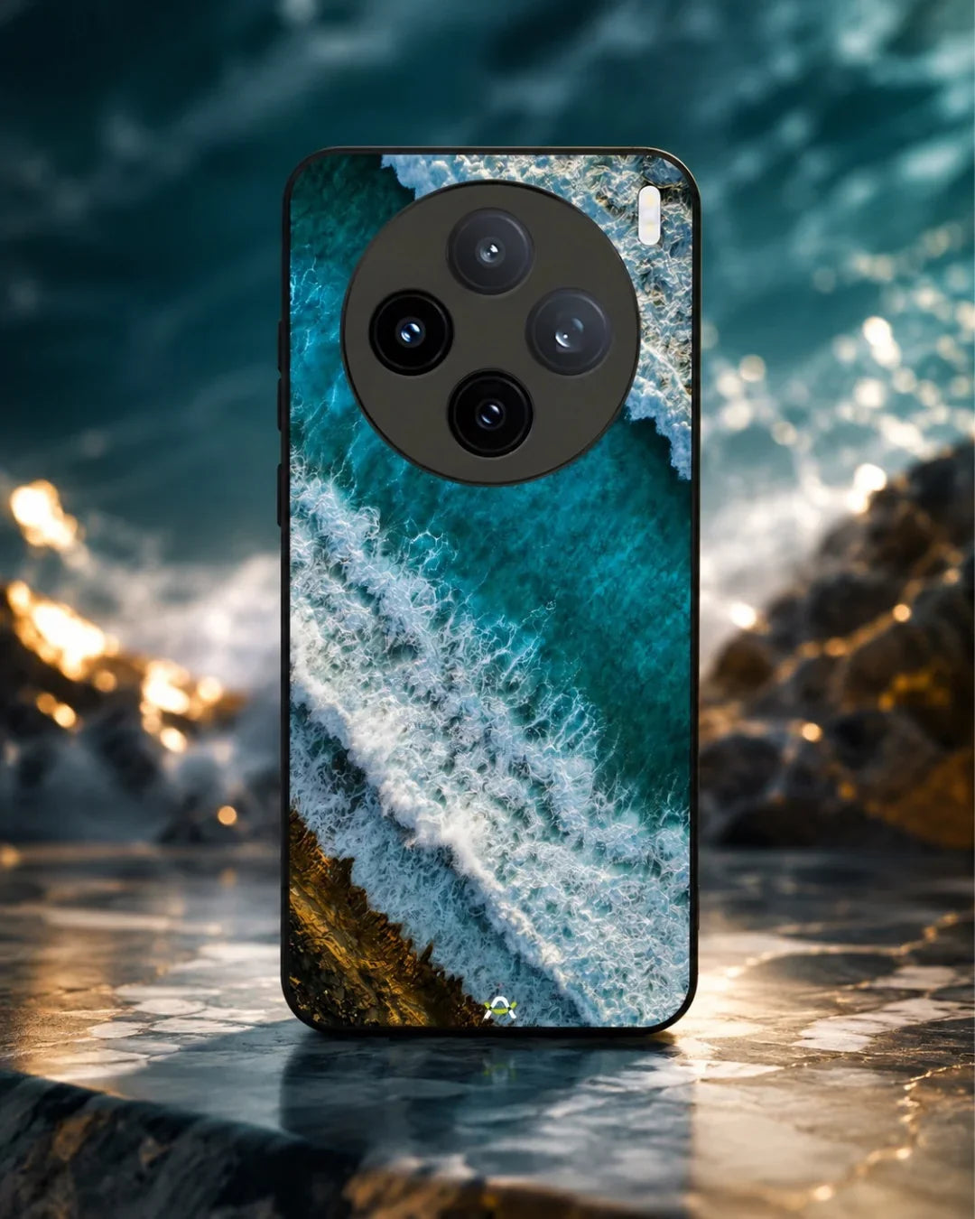 Ocean Waves Phone Case - Turquoise & Golden Print for iPhone, Samsung, Pixel, OnePlus & Vivo
