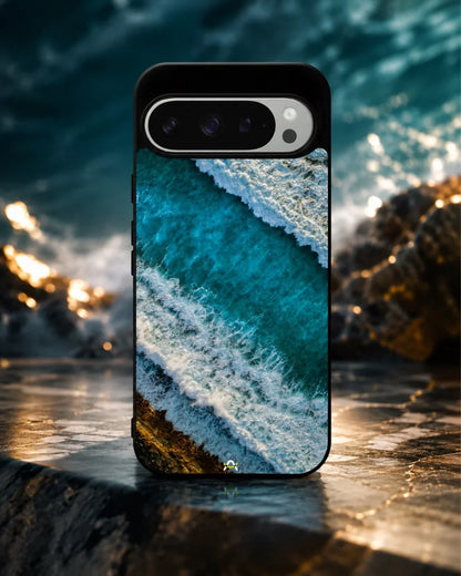 Ocean Waves Phone Case - Turquoise & Golden Print for iPhone, Samsung, Pixel, OnePlus & Vivo