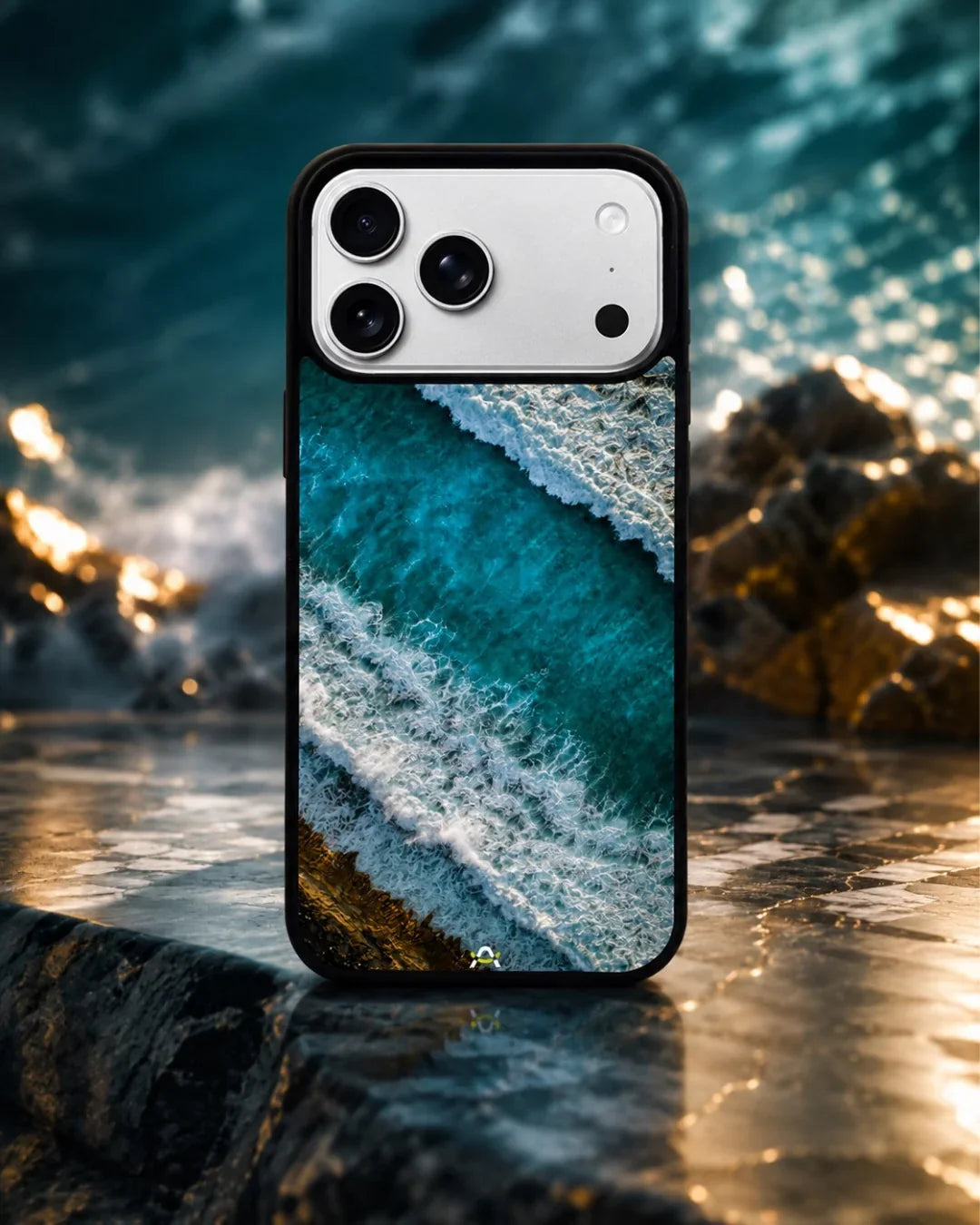 Ocean Waves Phone Case - Turquoise & Golden Print for iPhone, Samsung, Pixel, OnePlus & Vivo