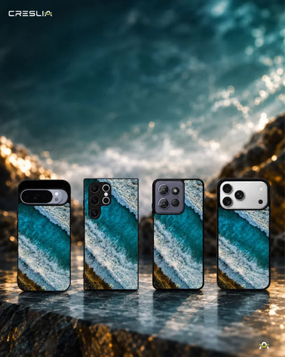 Ocean Waves Phone Case - Turquoise & Golden Print for iPhone, Samsung, Pixel, OnePlus & Vivo