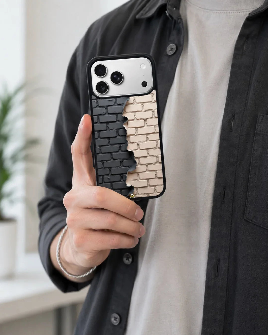 Torn Brick Wall Phone Case - Charcoal & Beige Split Print for iPhone, Samsung, Pixel, OnePlus & Vivo